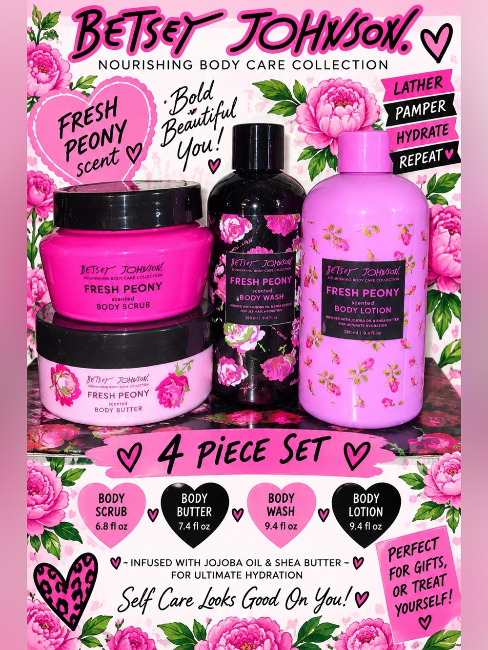 Betsey Johnson Fresh Peony 4-Pc Body Care Gift Set Lotion Wash Scrub Butter